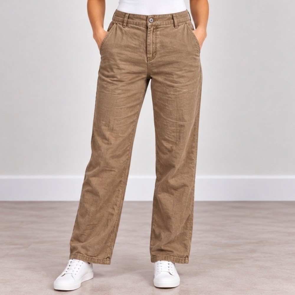 H&M Linen Blend Straight Leg Pants Size 6 Brown Good High Waisted Trousers